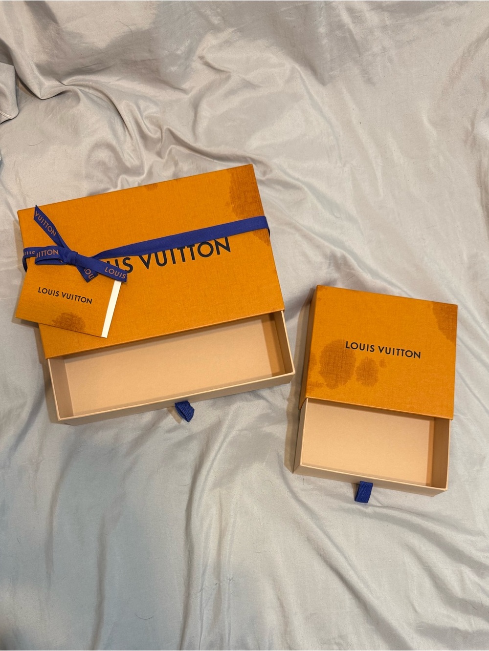 Louis Vuitton Orange Boxes with Blue Ribbon Accent Two Boxes